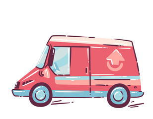Delivery van with cargo compartment, commercial vehicle for parcel shipping, courier service transport, urban logistics and freight delivery concept, cartoon doodle style, vector illustration.