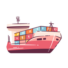 Cargo ship carrying stacked shipping containers, maritime freight transport, international logistics and global trade concept, ocean delivery service, cartoon doodle style, vector illustration.