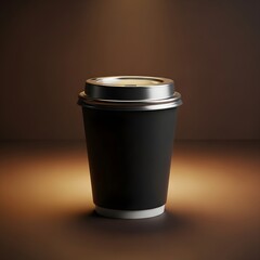 A black disposable coffee cup with a silver lid