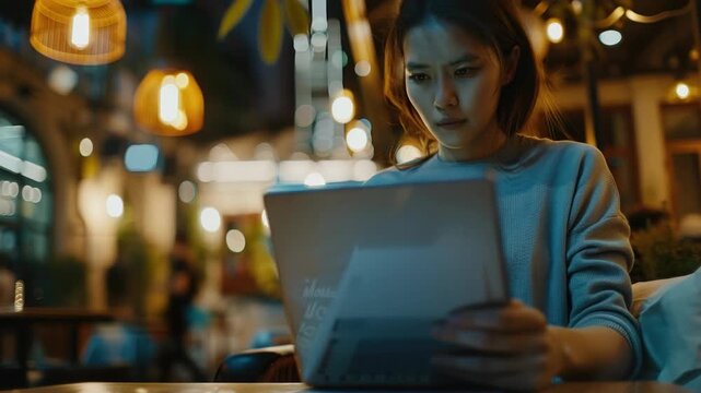 A young woman engrossed in her digital device, possibly a book or magazine on an e-reader, while sitting at a cafe table with ambient lighting and cozy atmosphere.
