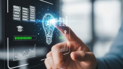 Close-up of hand touching AI lightbulb icon with digital education interface, representing artificial intelligence in learning, smart education system, and innovative e-learning technology