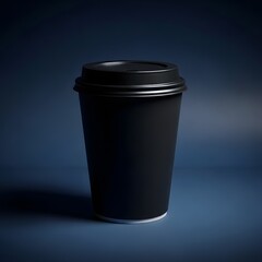 A black disposable coffee cup on a dark blue background