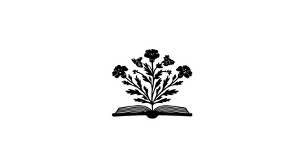 Obraz premium Vintage style illustration of an open book with a blossoming plant growing from its pages, symbolizing knowledge and growth