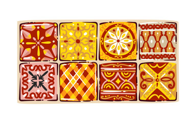 Moroccan decorative tile pattern set with traditional geometric and floral ornaments and ceramic motifs. Ethnic arabesque designs in cartoon doodle style, travel culture elements, vector illustration.