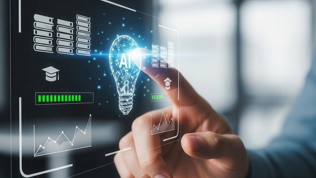 Close-up of hand touching AI lightbulb icon with digital education interface, representing artificial intelligence in learning, smart education system, and innovative e-learning technology - Powered by Adobe