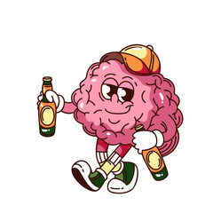 Funny brain holding two beer bottles, symbolizing alcohol consumption and relaxed mood. Groovy cartoon doodle mascot sticker of drinking and brain influence, outline vector illustration.