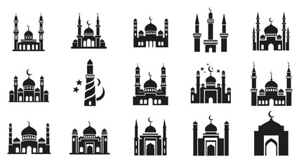 Fototapeta premium Illustrations of various mosque silhouettes and minarets at dusk with crescent moons