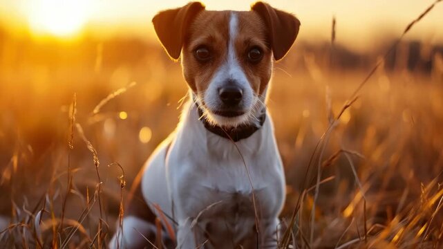 A contented small dog standing on grassy terrain during a serene sunset.