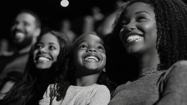 A family of four, two adults and two children, share a joyful moment together as they watch a live performance, smiling and engaged with the stage.