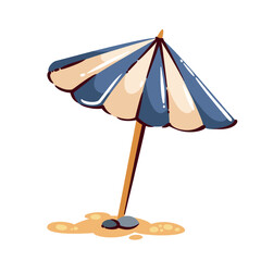 Greek beach sun umbrella with striped fabric, wooden pole and sandy base, summer seaside symbol of Greece and Mediterranean travel, travel to Greece cartoon doodle style, vector illustration.