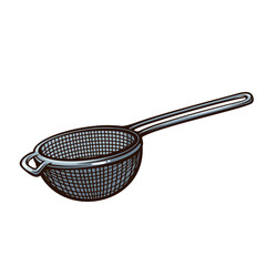 Metal kitchen strainer with fine mesh bowl and long handle, classic cooking utensil in vintage engraving style, detailed household kitchen tool, monochrome line art, vector illustration.