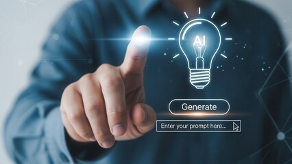 User pointing at a virtual AI lightbulb icon with Generate button and command prompt bar, symbolizing generative AI, idea creation, smart automation, and prompt-based content generation systems