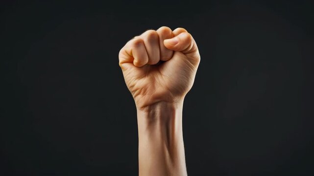 A raised clenched fist signifying strength and determination.