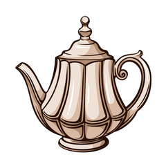 Classic teapot with curved spout, decorative handle and lid, traditional kitchen teaware with sculpted body, vintage engraving style, detailed household object. vector illustration