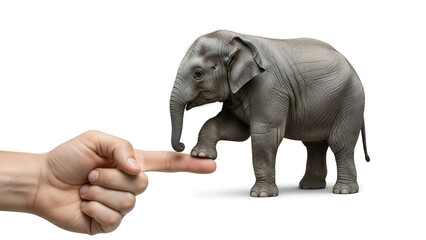 Obraz premium A tiny elephant standing on a human finger, an imaginative concept of protection, trust, and balance between humans and nature.