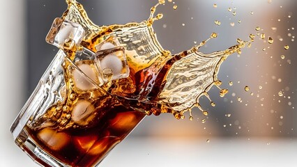 Refreshing cola splash with ice cubes in a tilted glass, captured in motion
