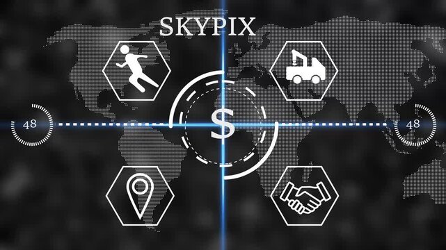 skypix Futuristic global business finance HUD interface with dollar sign in center, world map background and line icons for logistics, partnership, location and activity. Digital economy,
