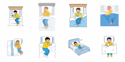 Collection of sleeping boy illustrations showing different comfortable and natural sleep positions in bed, depicting good rest and childhood sleep hygiene.