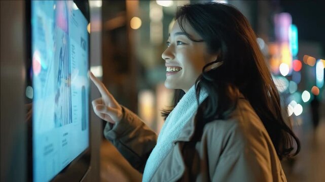A cheerful woman standing next to a glowing, interactive display on the side of a building at night with a city skyline as the background.
