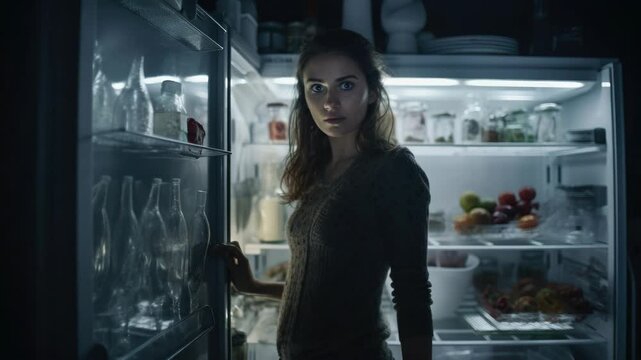 A woman standing in front of an open refrigerator door.