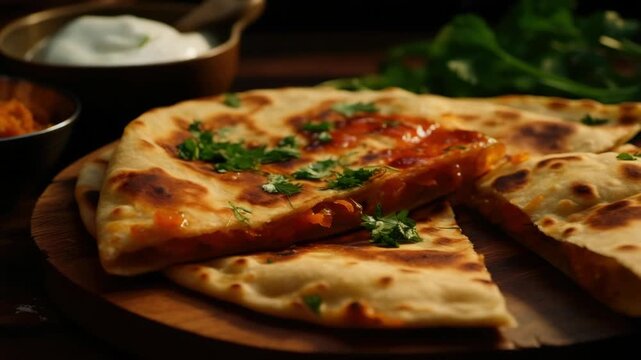 A close-up view of a freshly cooked pizza with a crispy flatbread base and vibrant toppings on wooden serving board.