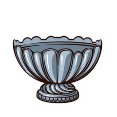 Decorative pedestal bowl with fluted sides and classic proportions, traditional serving dish in vintage engraving style, detailed kitchen object, monochrome line art, vector illustration.