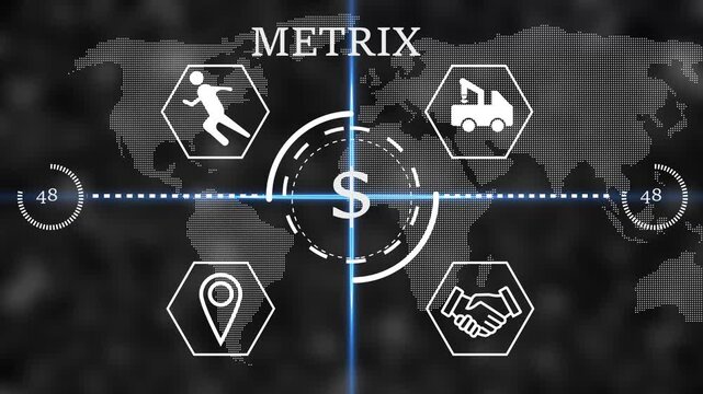 metrix Futuristic global business finance HUD interface with dollar sign in center, world map background and line icons for logistics, partnership, location and activity. Digital economy,