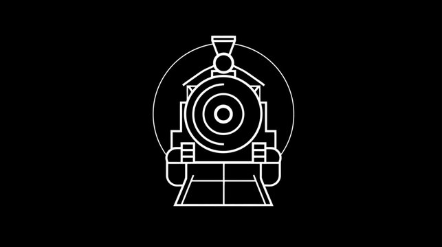 Front view outline illustration of a classic steam locomotive train in minimalist white line art on a black background. Vector icon.