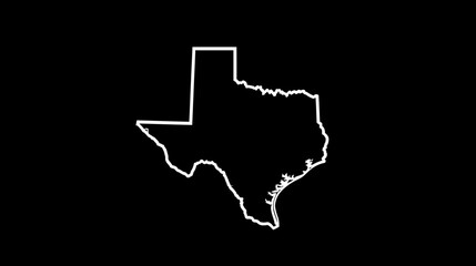 Detailed white outline of the Texas state map against a stark black background, representing geography and cartography.