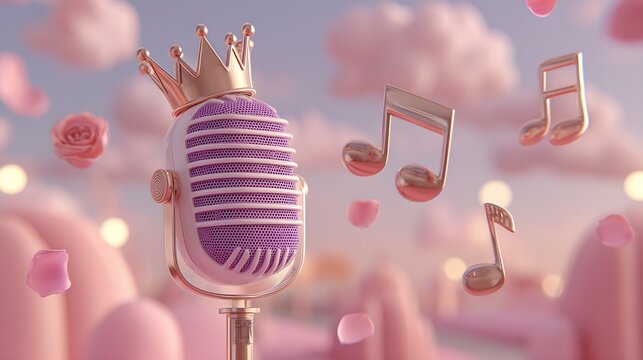 Vintage style crown microphone with pink and purple hue, surrounded by musical notes and rose petals. Ideal for singer logo design, music festival poster, romantic event promotion, or vocal coaching a