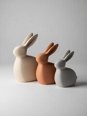 Profile view of three stylized ceramic rabbits in graduating sizes and neutral colors on a white background.