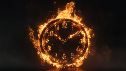 fire burning clock time on dark cloudy sky background, hot