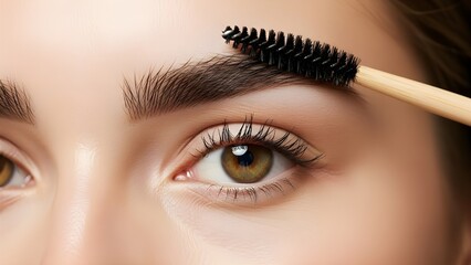 Professional close-up of a woman's eye and eyebrow being groomed with a mascara brush. Perfect for beauty salons, makeup tutorials, and skincare or cosmetic product advertisements.
