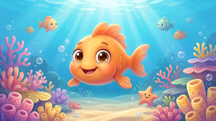 Happy Cute Cartoon Fish Swimming in Coral Ocean