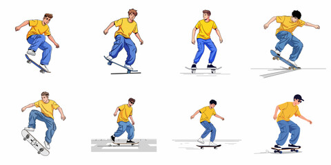Fototapeta premium Vector illustration set showcasing young male skateboarders performing dynamic tricks and movements, capturing action, sport, and urban style.