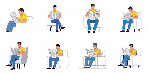 Fototapeta premium Set of Eight Vector Illustrations of Young Men Sitting in Armchairs and Reading Newspapers, Representing Daily News Consumption and Relaxation.