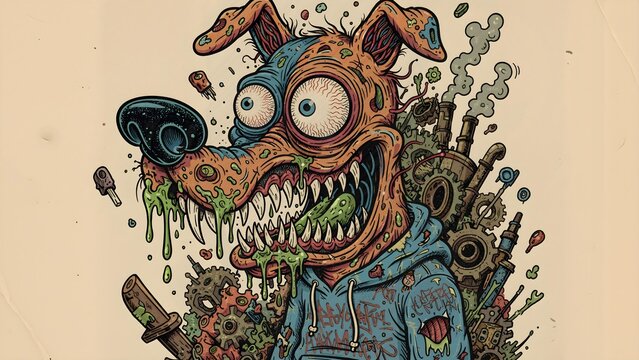 Mutant Crazy Dog Screaming in Rat Fink Style