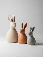 Vertical shot of three sleek ceramic rabbits in cream, terracotta, and grey tones standing on a white surface
