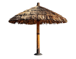Isolated thatch-roof sunshade. Stands tall, a natural brown shelter with a dark background