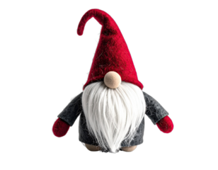 Plush festive dwarf figurine with red hat, grey jacket, long white beard, isolated on black