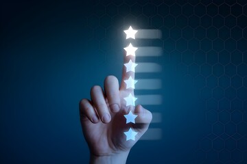 A hand pointing at a row of illuminated stars on a dark background with a hexagonal pattern finger