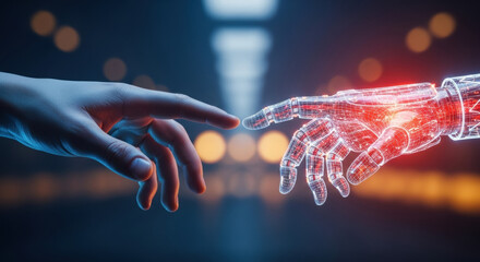 A digital rendering of human and robotic hands almost touching, illuminated by a red wireframe. The dark background and glowing elements evoke themes of technology and connection.
