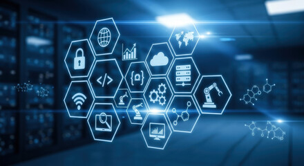 Digital Transformation Technology Over Server Room Background with Blue Glowing Hexagonal Icons