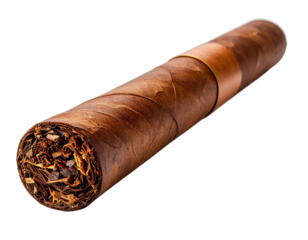 A close-up shot of a single cigar, isolated on black, showing detail, wrapper, and burn