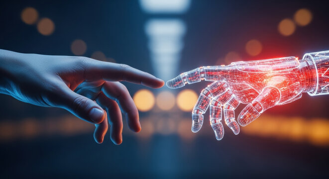 A digital rendering of human and robotic hands almost touching, illuminated by a red wireframe. The dark background and glowing elements evoke themes of technology and connection. - Powered by Adobe