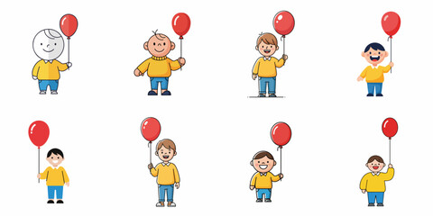 Collection of Eight Happy Cartoon Boys Avatars in Various Styles Holding Red Balloons, Illustrating Childhood Joy and Celebration.