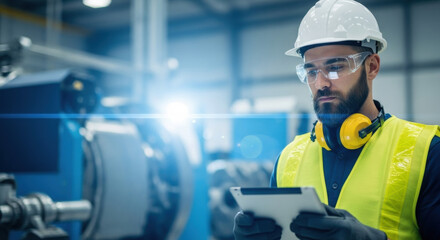Focused male engineer in a hard hat and safety vest uses a tablet in a factory with advanced machinery, showcasing industry and technology in blue tones and natural light.