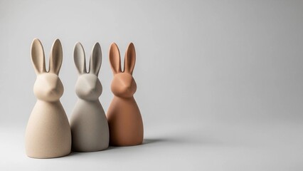 Frontal view of three uniform ceramic bunnies in beige, grey, and brown standing in a row with copy space.