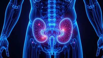 Illuminated internal human anatomy highlights both kidneys within a translucent body structure