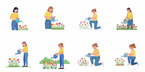 Fototapeta premium Collection of vector illustrations showing women happily watering colorful flowers and plants in a garden setting, representing spring hobby and horticulture.